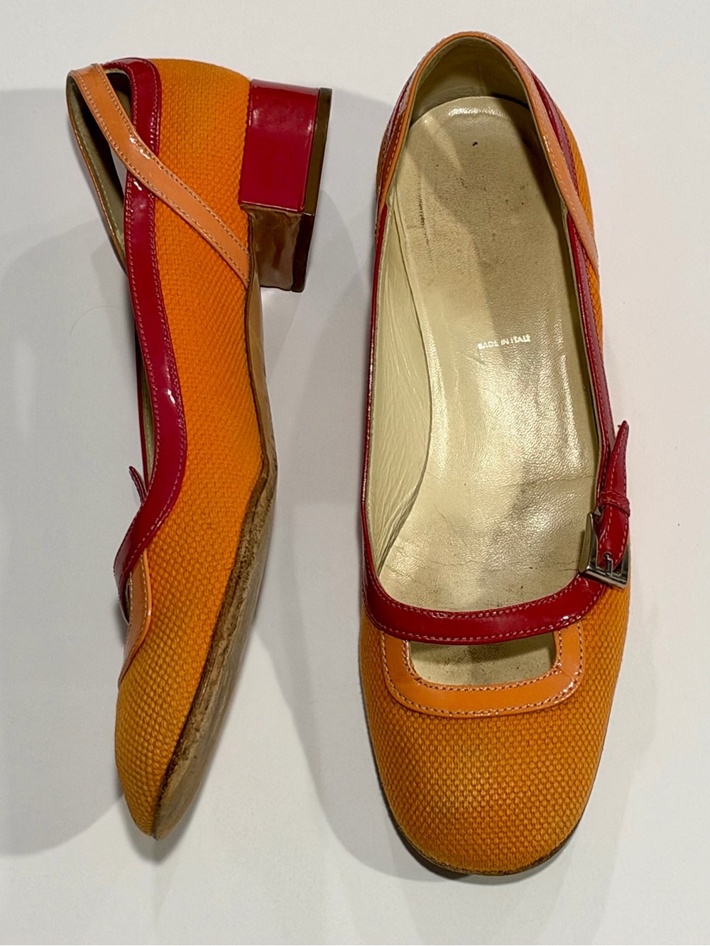 Prada Orange Pink Mary Jane Pumps Colorblock Low Block Heels EU 37 Mod - Picture 10 of 11